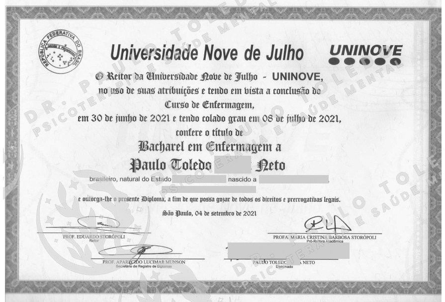 Dr. Paulo Toledo Neto - Diploma da Forma&ccedil;&atilde;o em Enfermagem pela Universidade Nove de Julho (UNINOVE)