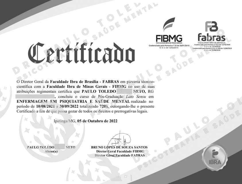 Dr. Paulo Toledo Neto - Especializa&ccedil;&atilde;o em Enfermagem em Psiquiatria e Sa&uacute;de Mental pela Faculdade IBRA