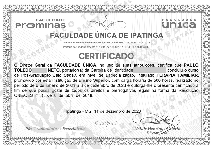 Dr. Paulo Toledo Neto - Especializa&ccedil;&atilde;o em Terapia Familiar pela Faculdade de &Uacute;nica de Ipatinga